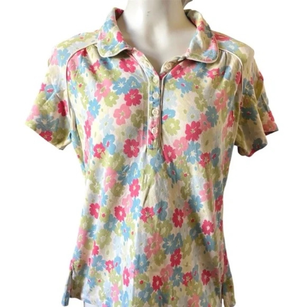 Liz Claiborne Vintage Top Floral Button Up Cotton Spandex Stretch Size L